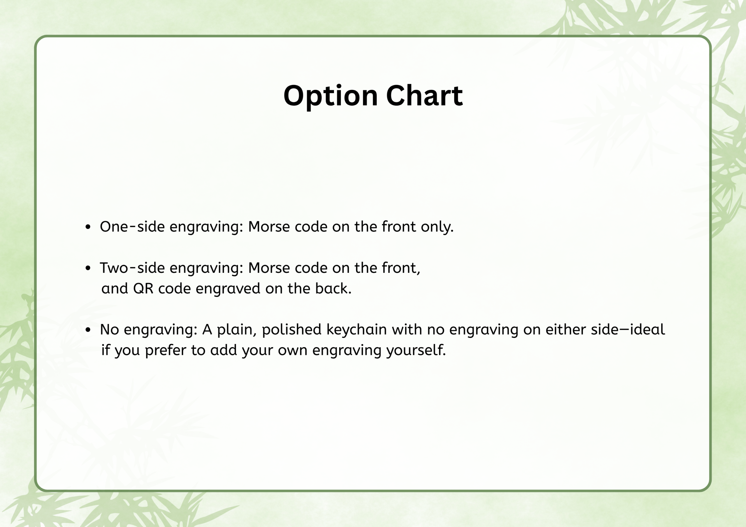 Option Chart: One-side engraving (Morse code on front only); Two-side engraving (Morse code on front, QR code on back); No engraving (plain polished keychain)