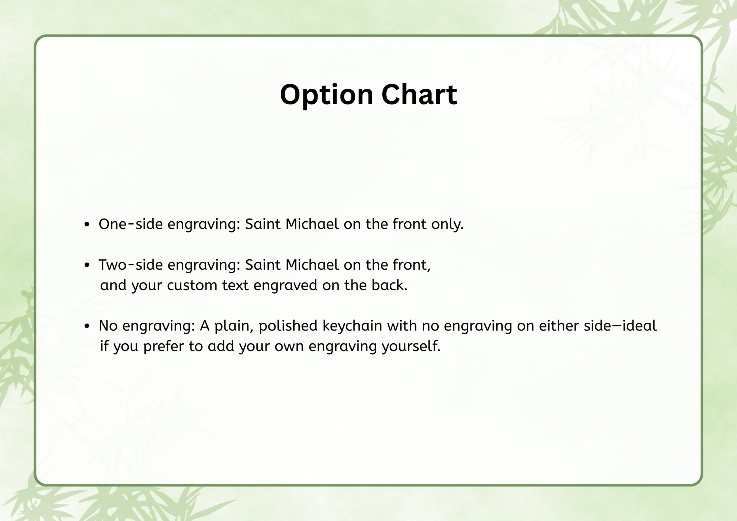 Option Chart: One-side engraving (Saint Michael on front only), Two-side engraving (Saint Michael on front, custom text on back), and No engraving (plain polished keychain)