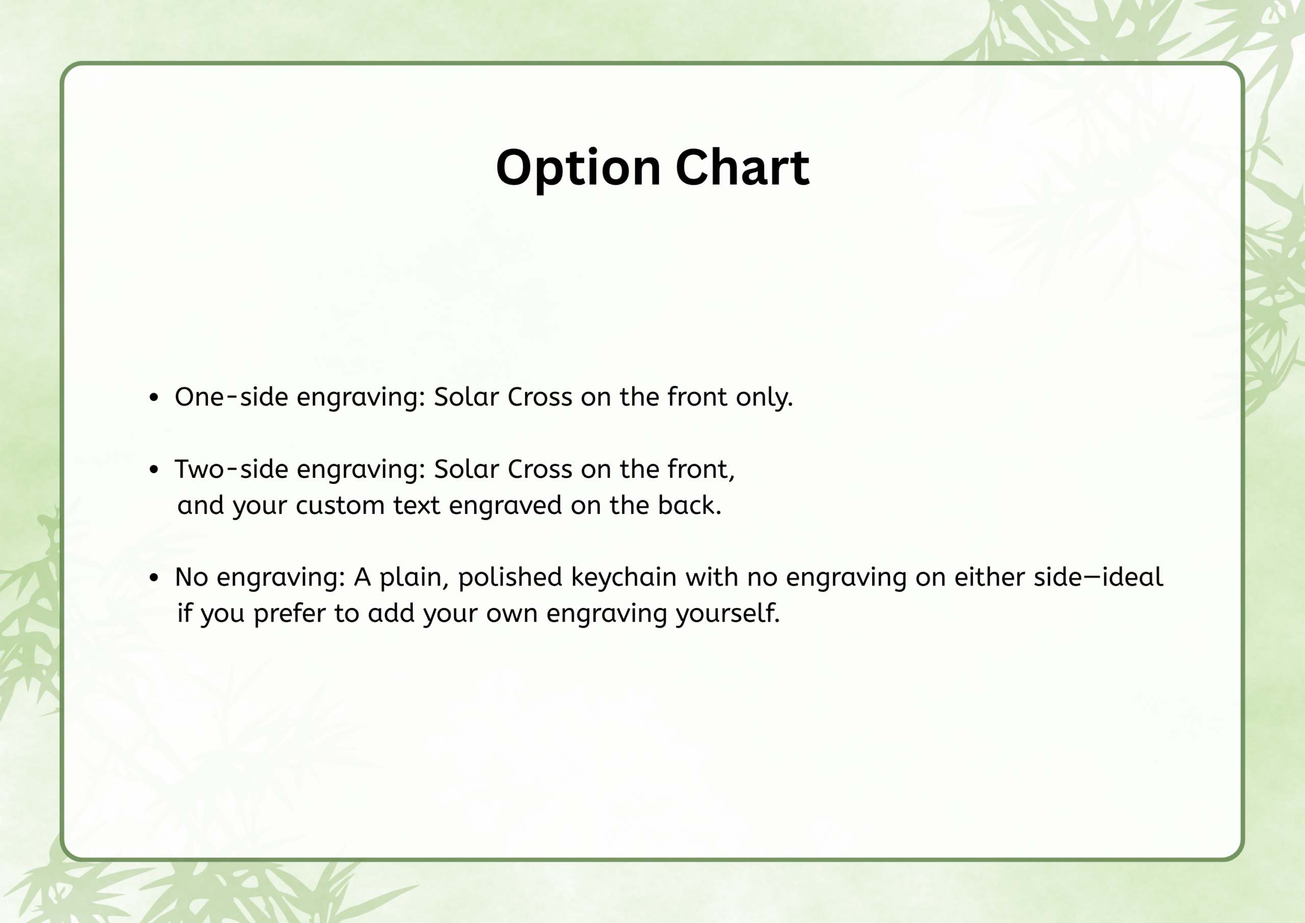 Option Chart: One-side engraving (Solar Cross on front only), Two-side engraving (Solar Cross on front, custom text on back), No engraving (plain polished keychain)