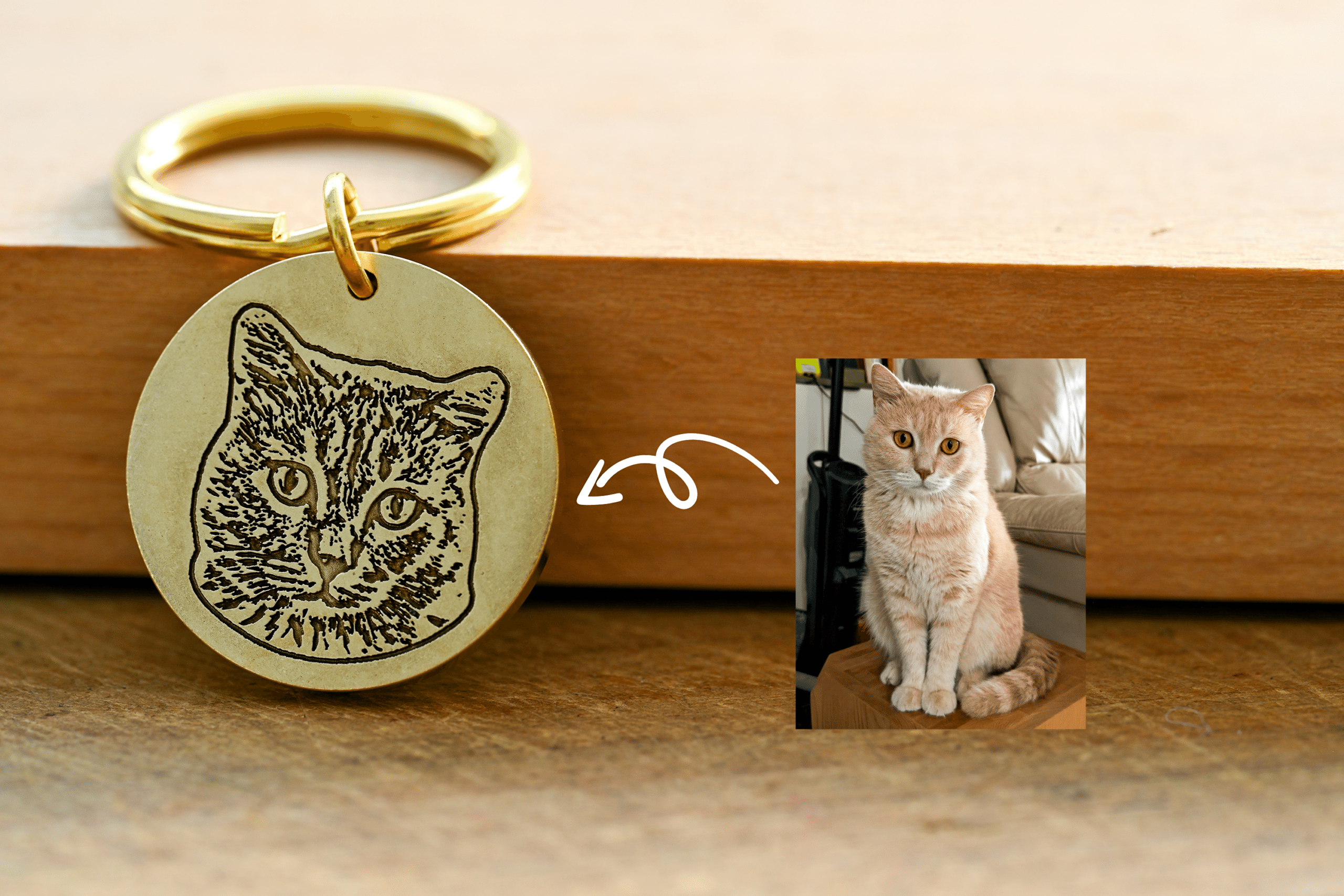 Engraved brass keychain tag featuring a cat portrait next to the original photo of the cat