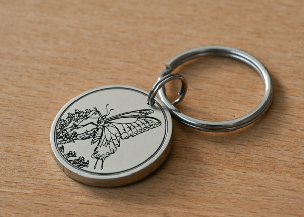 Silver circular keychain engraved with a butterfly resting on flowers, lying on a wooden surface