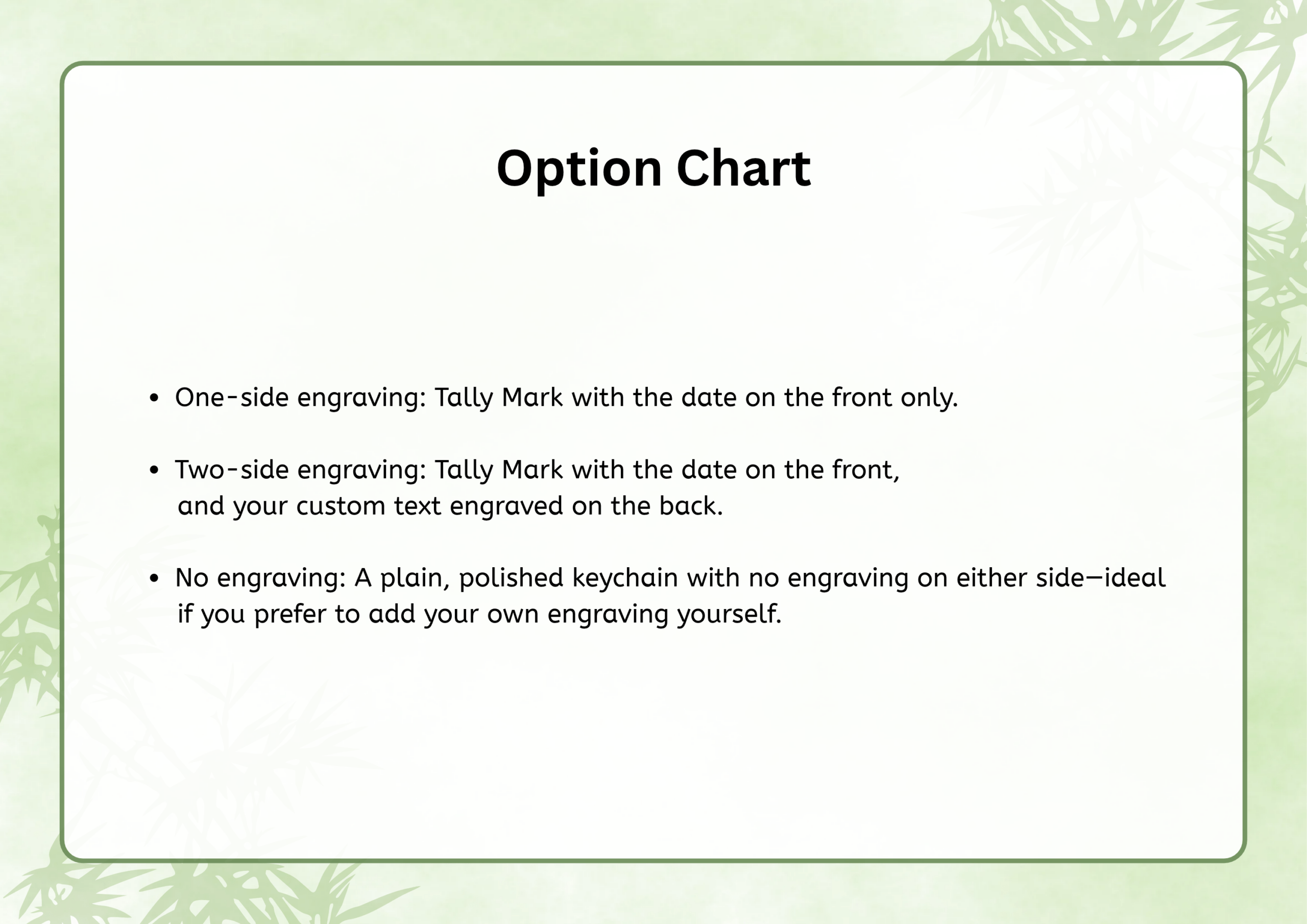 Option Chart detailing One-side engraving (front tally mark and date), Two-side engraving (front tally mark/date, back custom text), and No engraving (plain keychain)